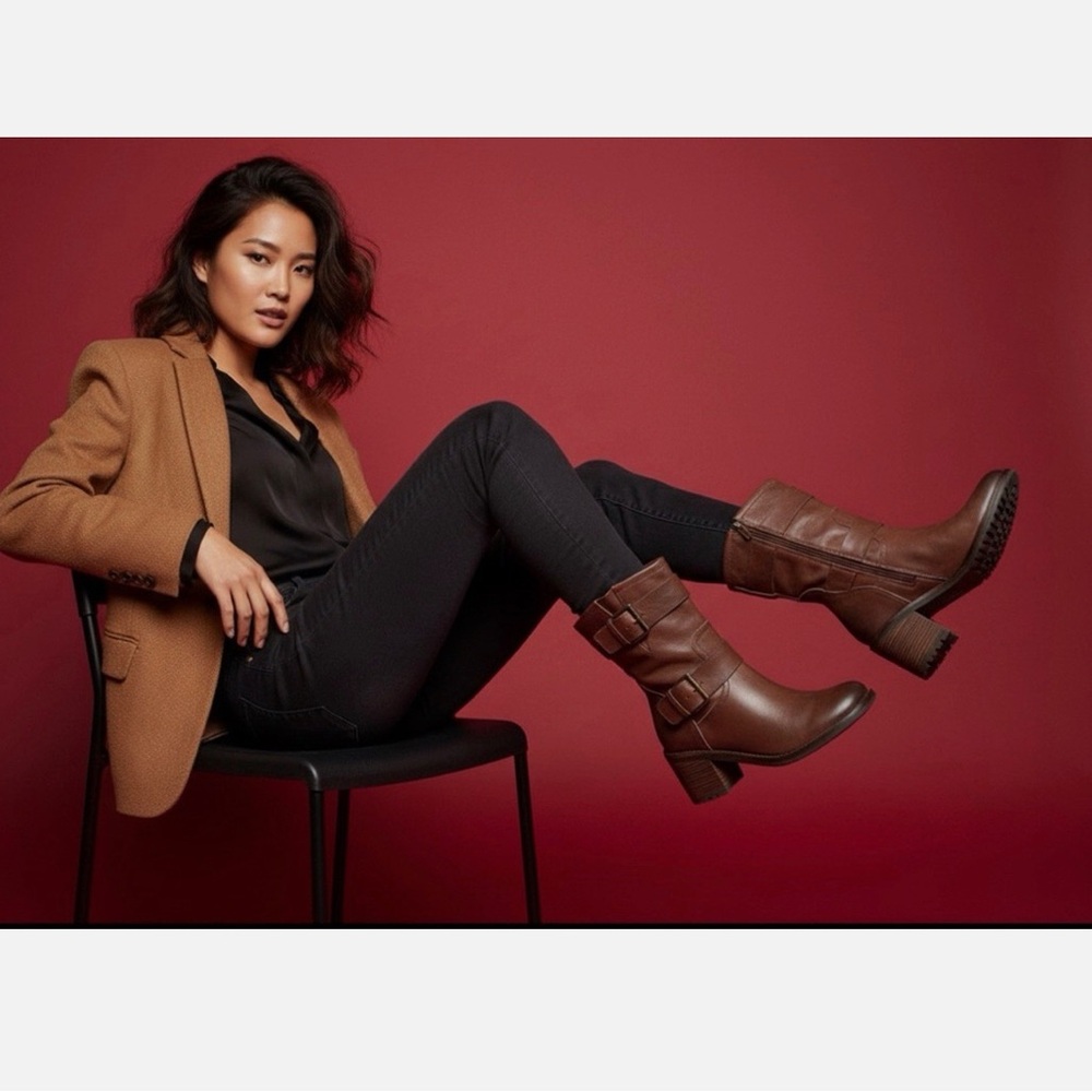 Sam Edelman Troy Chelsea Boot Chestnut Brown Leather Buckle Stacked Heel 10